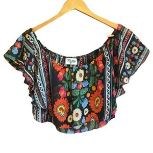 Show Me Your MuMu Cropped Top Off Shoulder Ruffle Size S Colorful Boho Floral